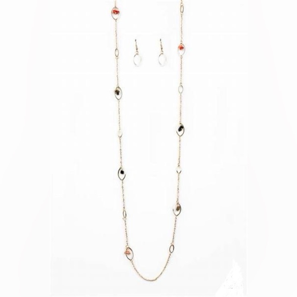*Long gold and multi color rocks necklace.
